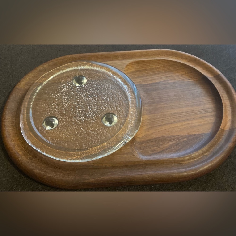 Vintage Kalmar teak wood glass cutting board with charcuterie cheese plate